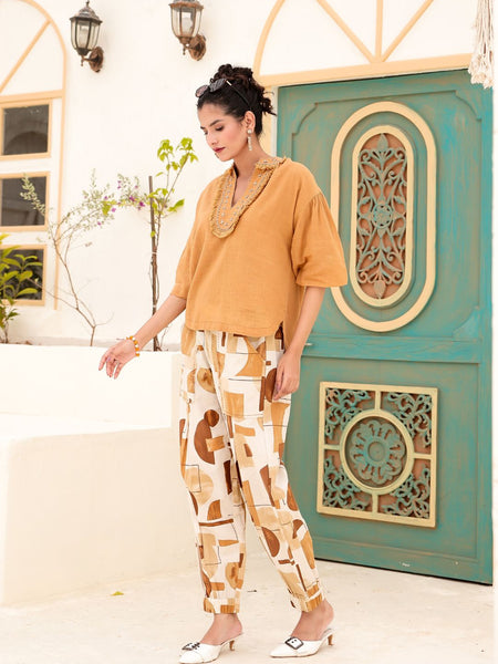 Tan Brown Abstract Printed Co-ord Set