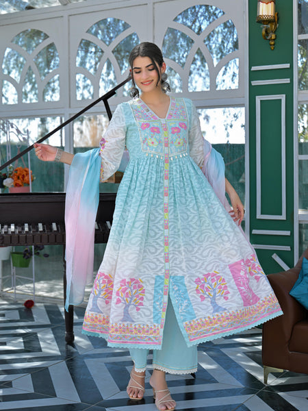 Light Blue Floral Embroidered Anarkali Suit Set