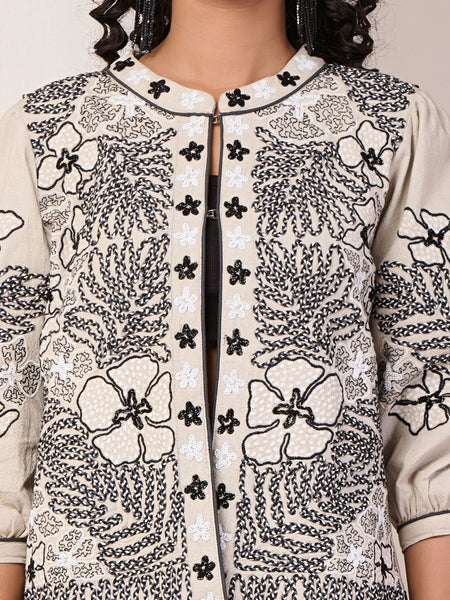 Black Embroidered Off White Cotton Jacket