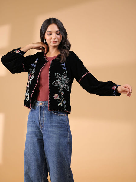 Poly Velvet Embroidered Black Jacket