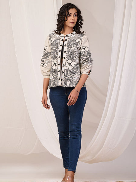 Black Embroidered Off White Cotton Jacket