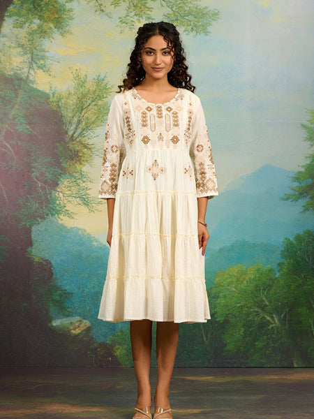 Off White Embroidery Work Midi Dress