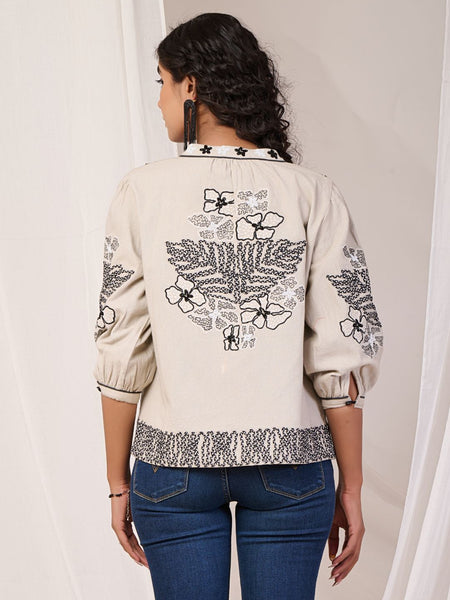 Black Embroidered Off White Cotton Jacket