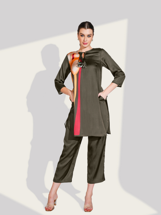 Smoky Grace Printed Satin Grey Co-ord Set