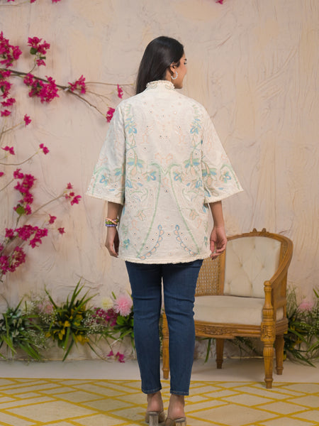 Cream Embroidered Cotton Flex Jacket