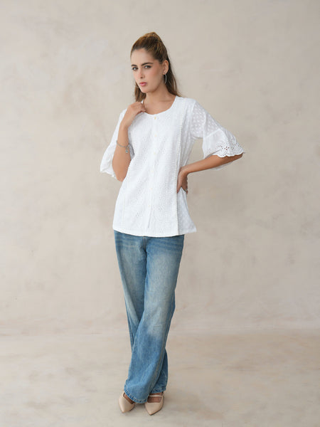 Women’s White Cotton Embroidered Shirt with Round Neck