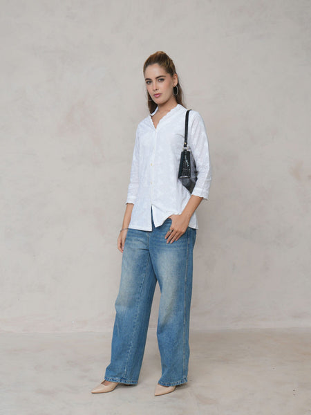 Women’s White Cotton Embroidered Shirt