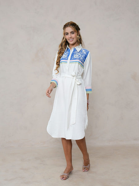 White Embroidered Tencel Midi Dress with Collar Neck