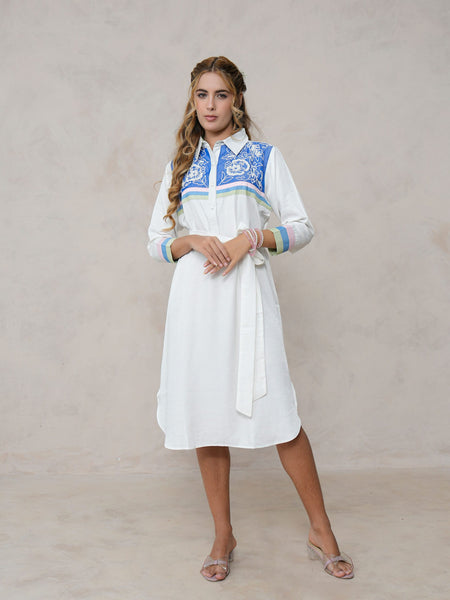 White Embroidered Tencel Midi Dress with Collar Neck