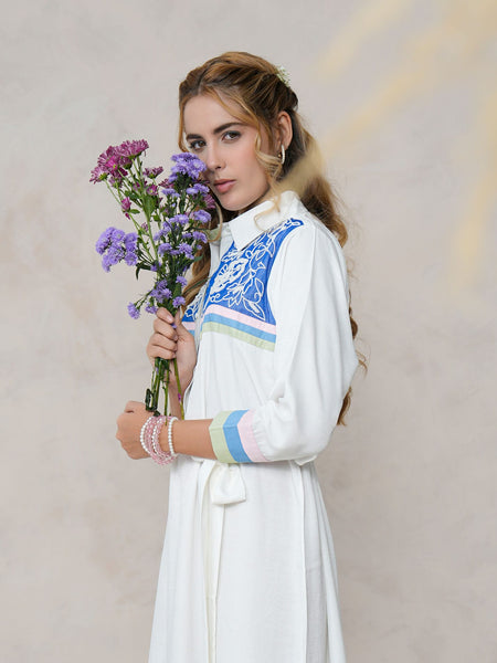 White Embroidered Tencel Midi Dress with Collar Neck