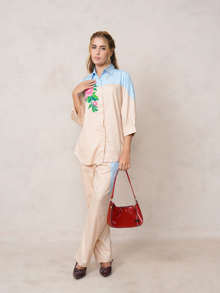 Women’s Cream Embroidered Crop Top Co-ord Set