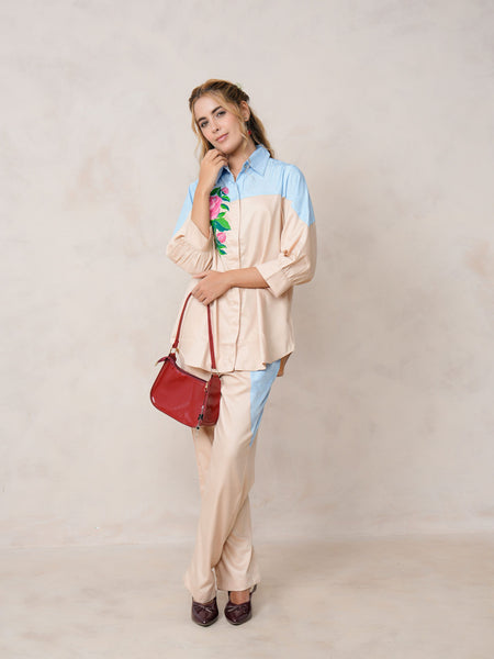 Women’s Cream Embroidered Crop Top Co-ord Set