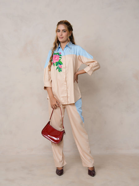 Women’s Cream Embroidered Crop Top Co-ord Set