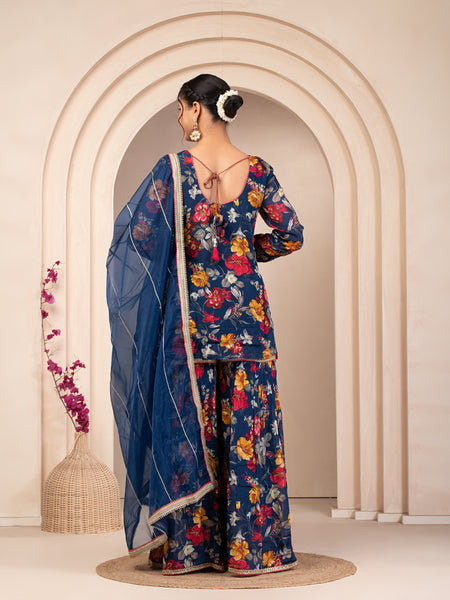 Blue Designer Embroidered Sharara Set