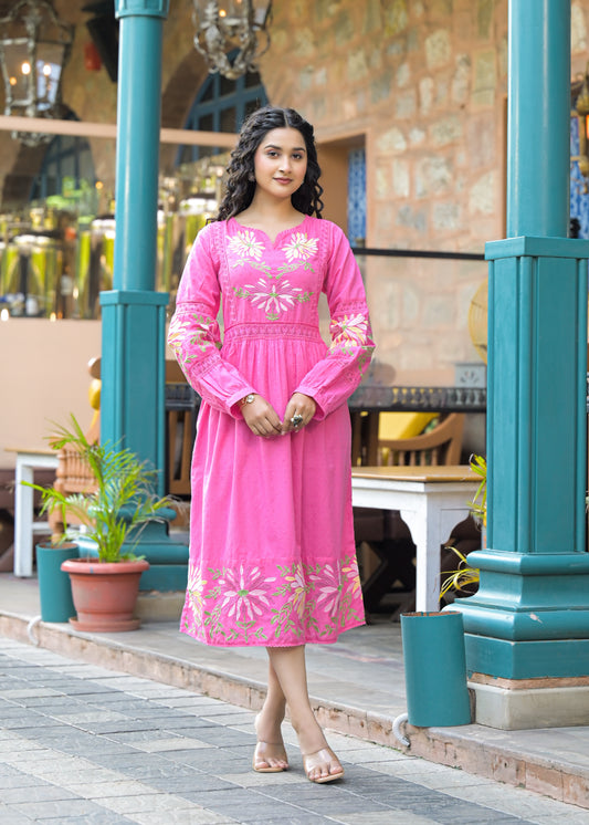 Blush Bloom Pink Floral Embroidered Midi Dress