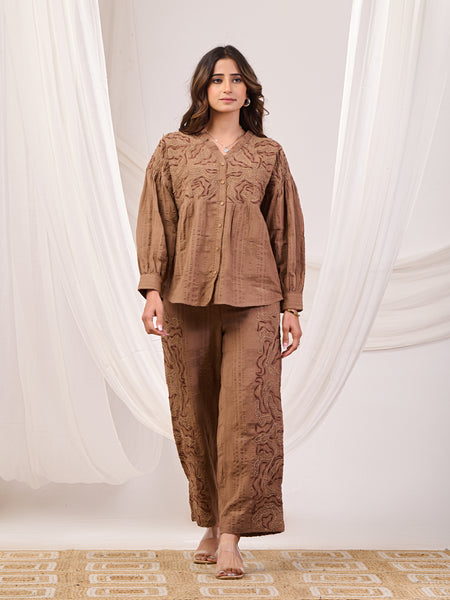 Earthy Brown Embroidered Co-ord set