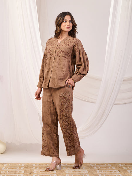 Earthy Brown Embroidered Co-ord set