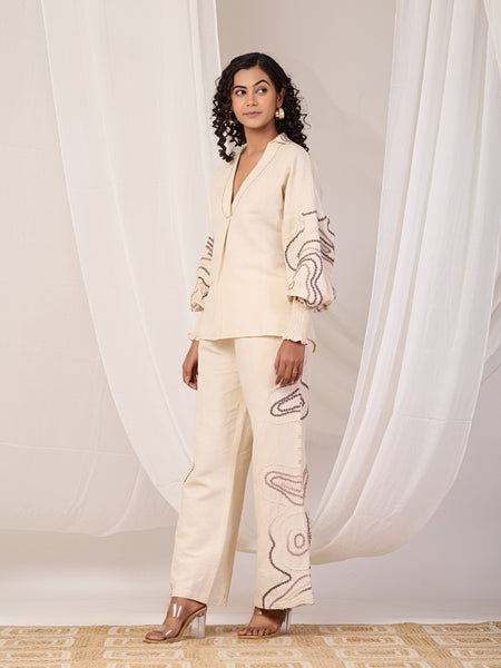 Beige Cotton Embroidered Co-ord Set