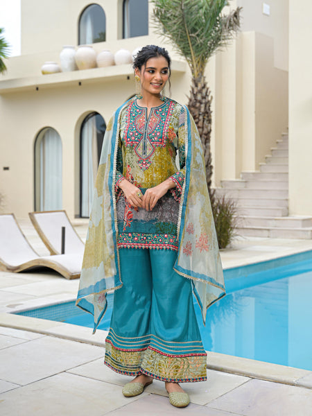 Blue Mal Chandri Embroidered Anarkali Sharara Set with Printed Cotton Dupatta
