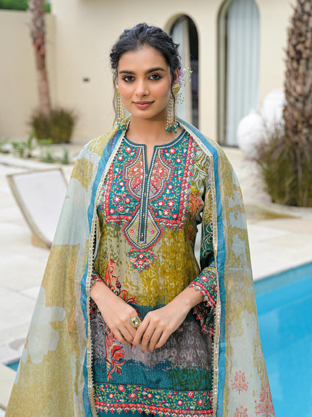 Blue Mal Chandri Embroidered Anarkali Sharara Set with Printed Cotton Dupatta