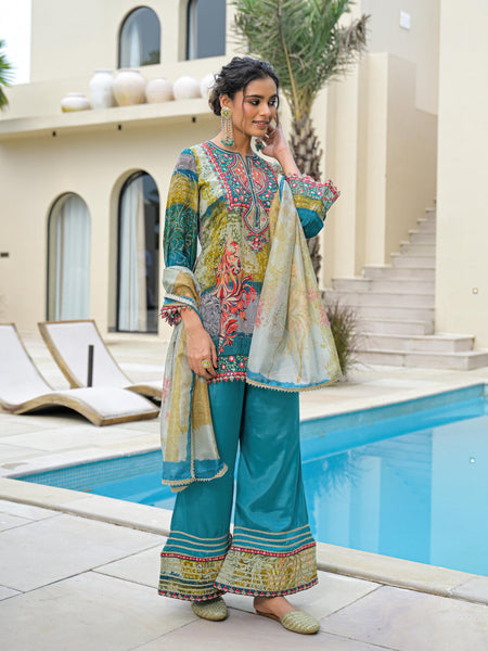 Blue Mal Chandri Embroidered Anarkali Sharara Set with Printed Cotton Dupatta