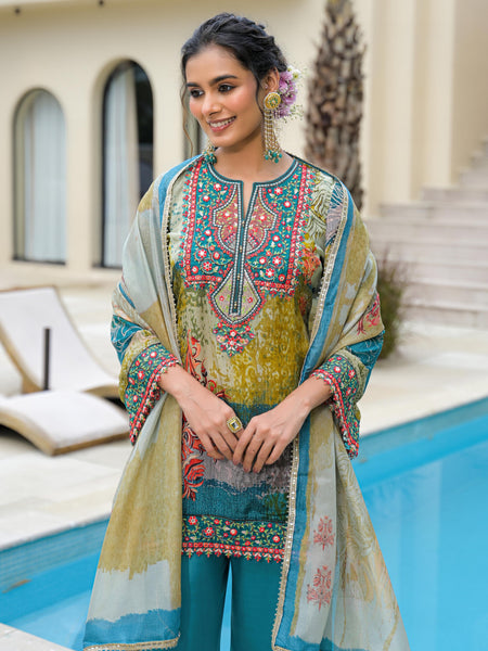 Blue Mal Chandri Embroidered Anarkali Sharara Set with Printed Cotton Dupatta