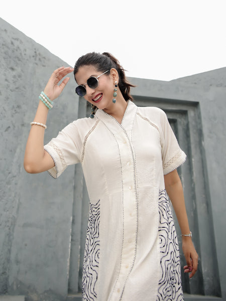 Cotton Linen Off-white Midi Dress