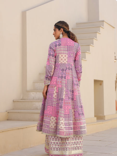 Printed Pink Angrakha Suit Set
