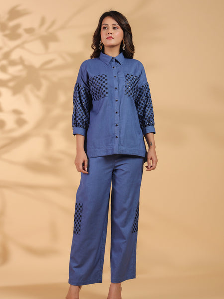 Blue Shirt Collar Co-Ord Set