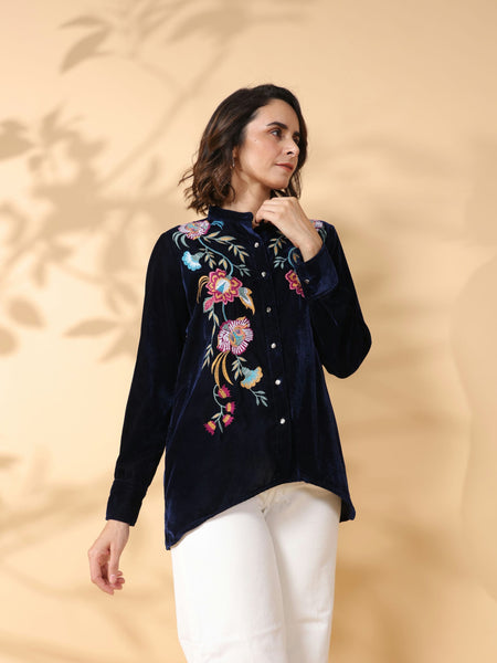 Black Round Neck Embroidered Shirt