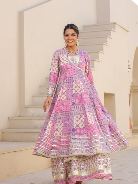Printed Pink Angrakha Suit Set