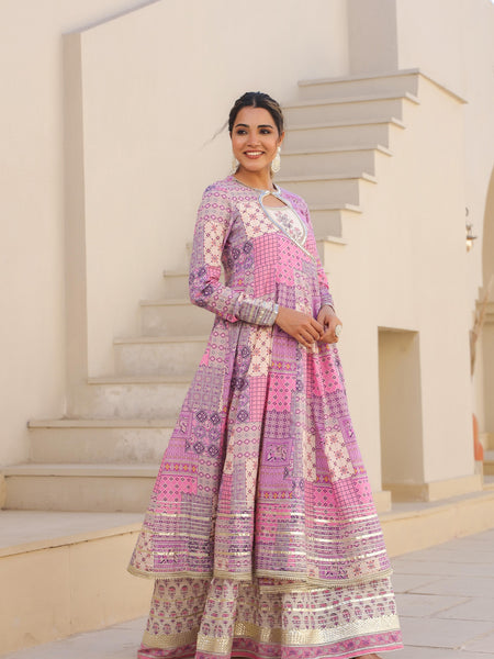 Printed Pink Angrakha Suit Set