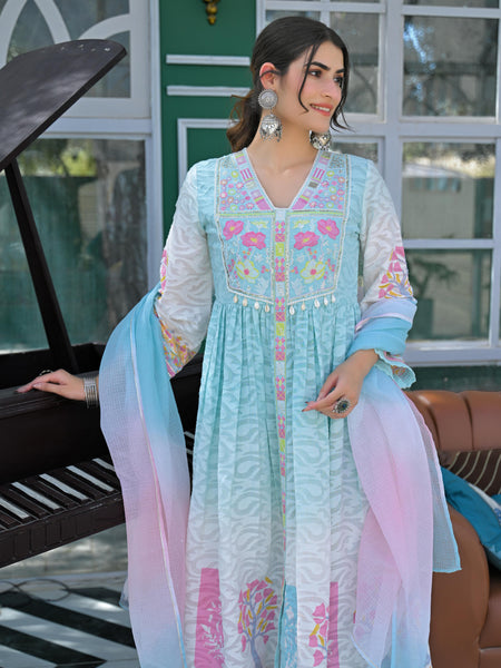 Light Blue Floral Embroidered Anarkali Suit Set
