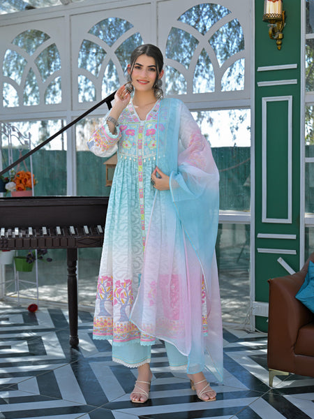 Light Blue Floral Embroidered Anarkali Suit Set