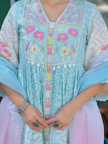 Light Blue Floral Embroidered Anarkali Suit Set