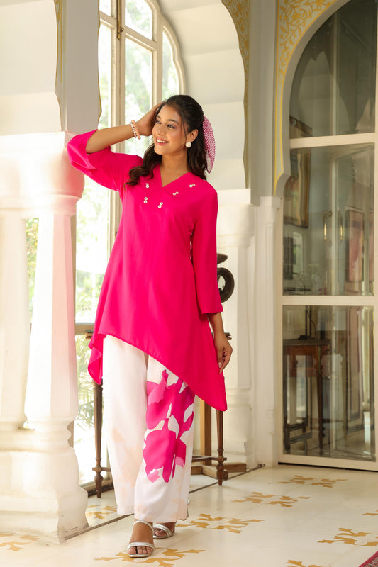 Pink Printed Muslin Co-ord Set with V-Neck Short Kurta