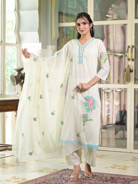 Floral Embroidered White Suit Set