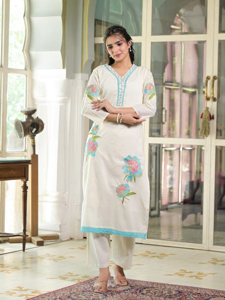 Floral Embroidered White Suit Set