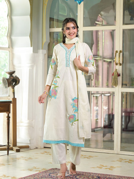 Floral Embroidered White Suit Set