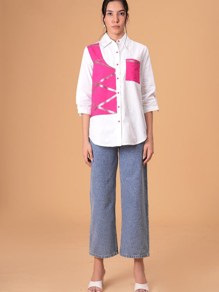 Blush Mosaic White Poplin Patchwork Shirt