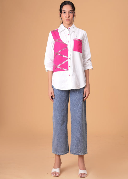 Blush Mosaic White Poplin Patchwork Shirt