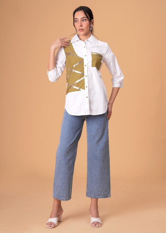 Ivory Mosaic White Poplin Patchwork Shirt