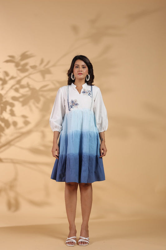 Ocean Haze Ombre Blue Embroidered Fit & Flare Dress