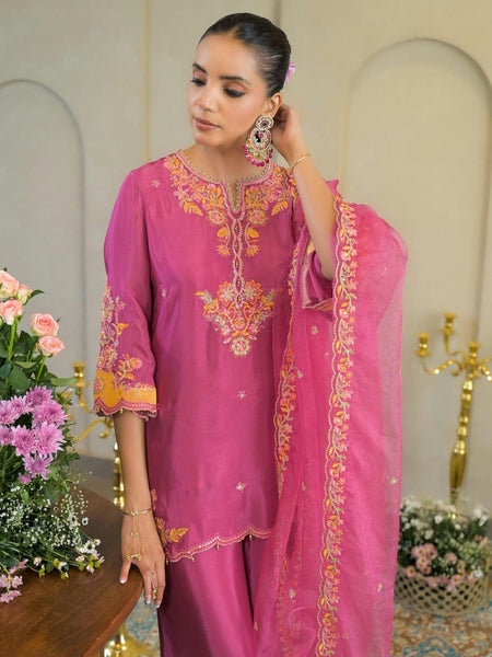 Rani Pink Chandery Embroidered Sharara Set
