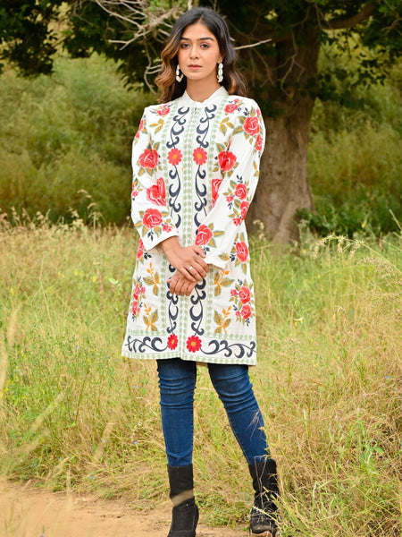 White Pink Embroidered Full Sleeves Long Jacket