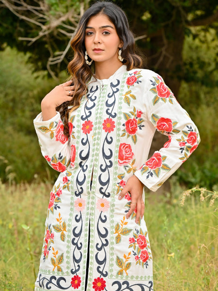 White Pink Embroidered Full Sleeves Long Jacket