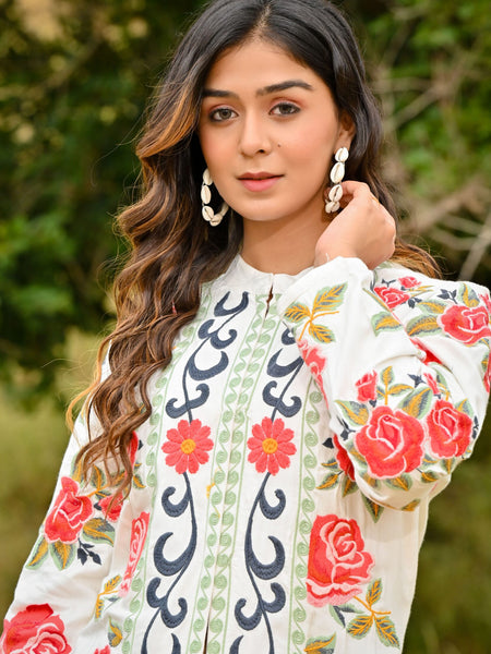 White Pink Embroidered Full Sleeves Long Jacket