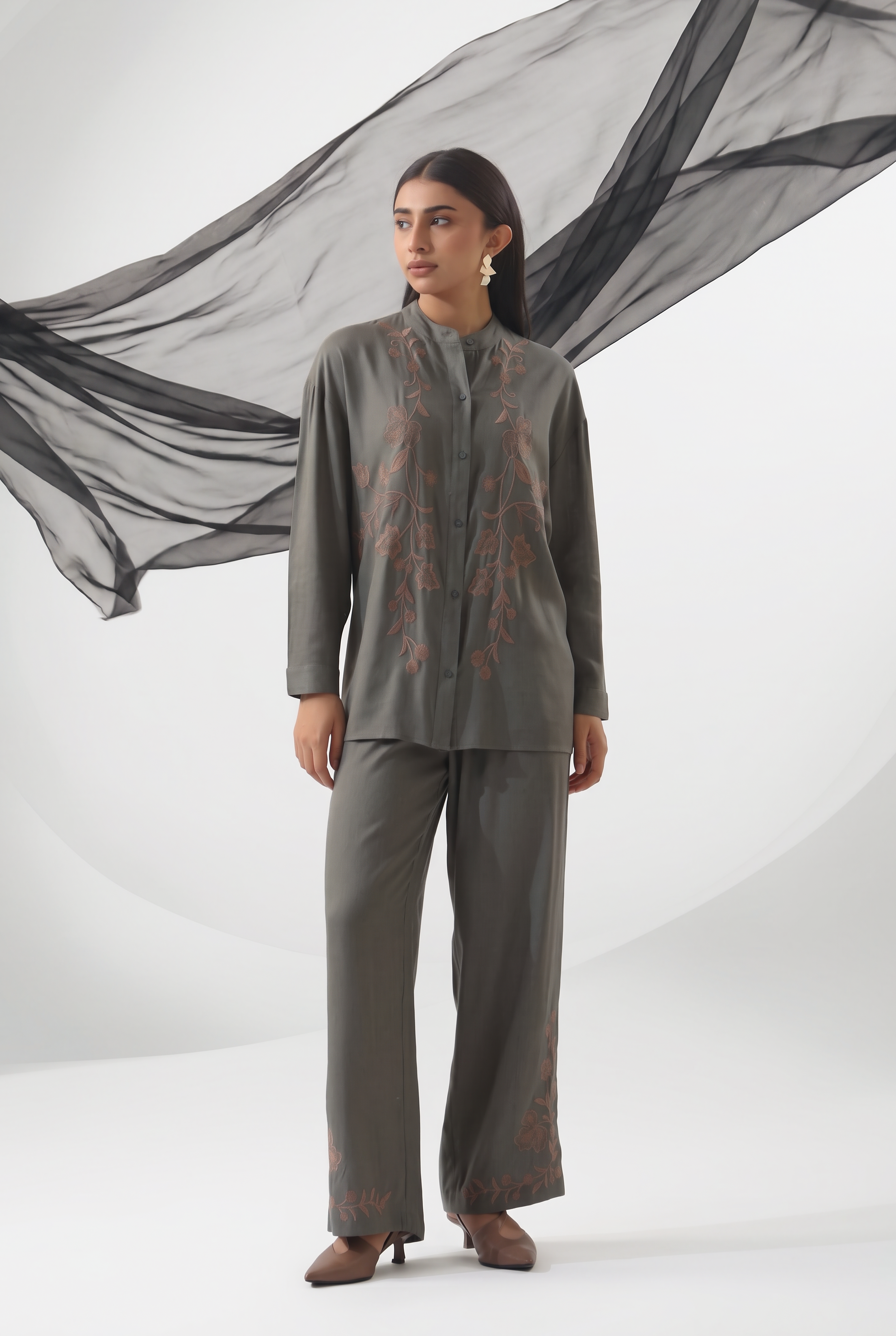 Slate Grey Botanical Embroidered Wide-Leg Co-ord Set