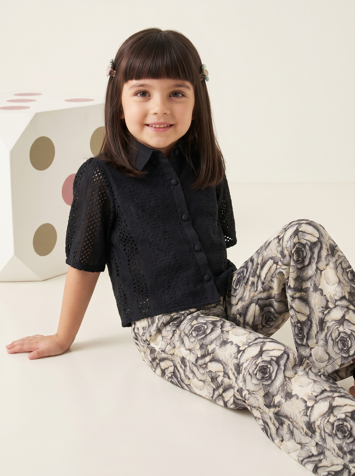 Girls Black Eyelet Embroidered Wide Leg Pants Co-Ord Set
