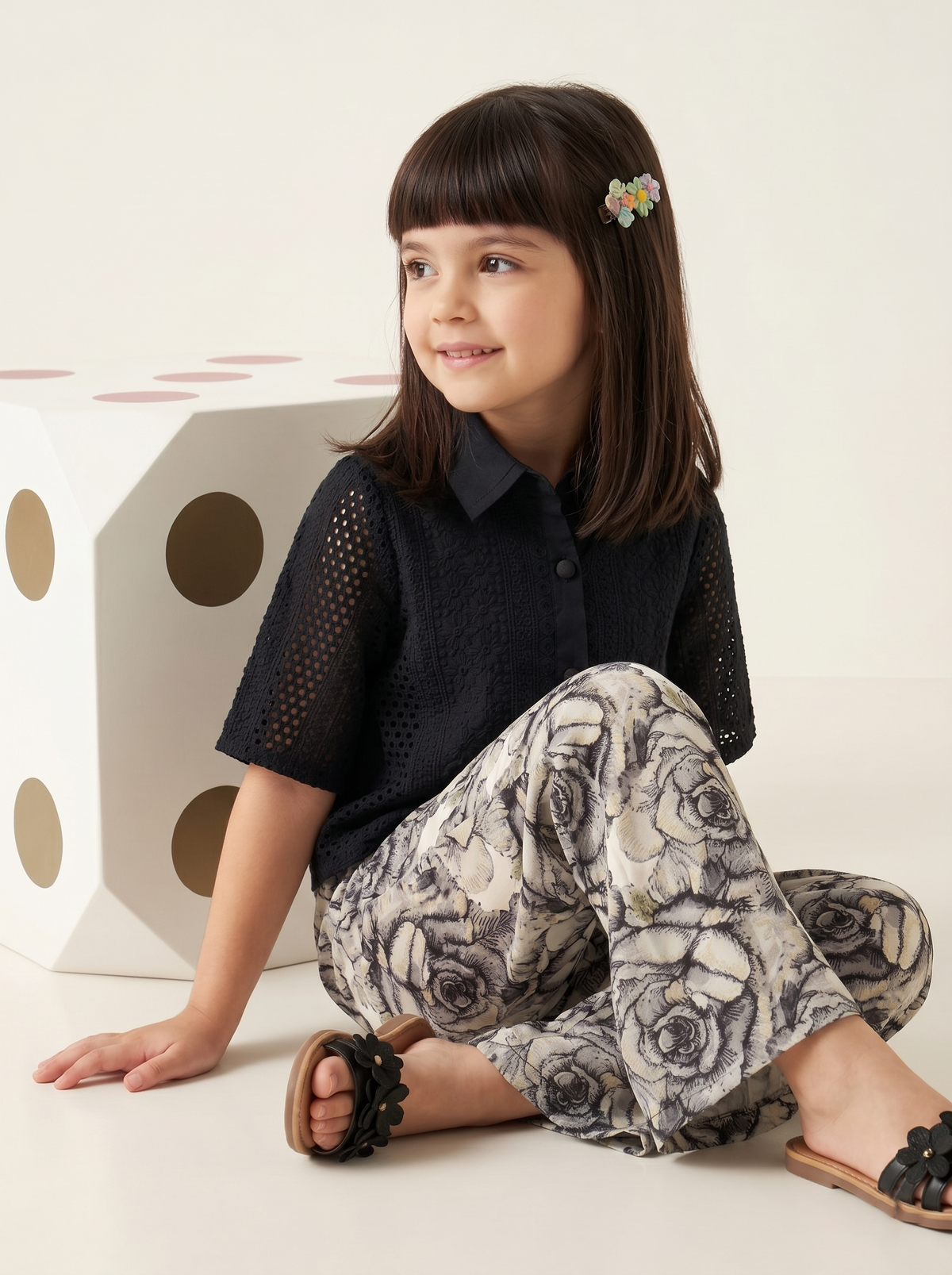 Girls Black Eyelet Embroidered Wide Leg Pants Co-Ord Set
